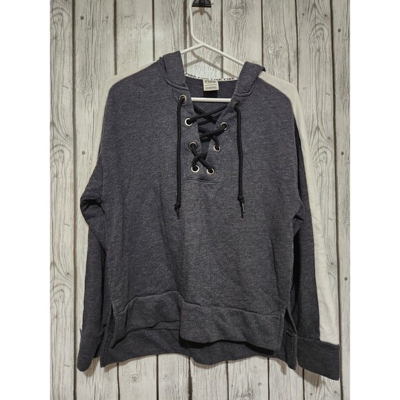 Victoria's Secret Tops - Victoria's Secret PINK Hoodie XS Logo Gray White Stripe Lace Up Neckline Slits
